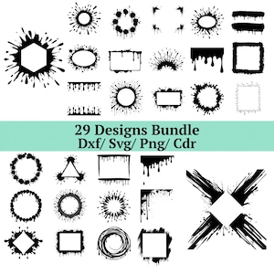 Op de afbeelding: Een verzameling van 29 zwarte inktspatontwerpen in verschillende vormen, waaronder cirkels, frames en abstracte spatten. De tekst "29 Designs Bundle Dxf/ Svg/ Png/ Cdr" staat in het midden van de afbeelding.