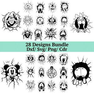 May include: A black and white digital design bundle featuring 28 designs. Each design shows a character or object breaking through a cracked wall. The designs include a snowman, Mickey Mouse, and a nutcracker. The text "28 Designs Bundle Dxf/ Svg/ Png/ Cdr" is included.