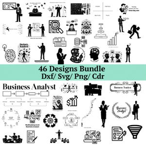 Puede incluir: Un conjunto de 46 diseños de analistas de negocios en blanco y negro en formatos DXF, SVG, PNG y CDR. La imagen presenta iconos e ilustraciones relacionadas con el análisis de negocios, datos y procesos de flujo de trabajo. El texto incluye "Business Analyst" y "Multitasking level: Business Analyst."