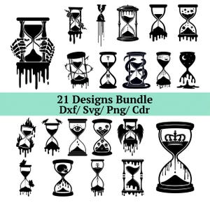 May include: A collection of 21 black hourglass designs, each with unique gothic and fantasy-themed elements. The designs include skulls, snakes, wings, and other symbolic imagery. The text "21 Designs Bundle Dxf/ Svg/ Png/ Cdr" is also present.