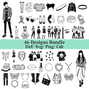 May include: Black and white digital illustrations of alternative fashion items and figures. Includes clothing, accessories, and people in various poses. Text reads "46 Designs Bundle Dxf/ Svg/ Png/ Cdr".