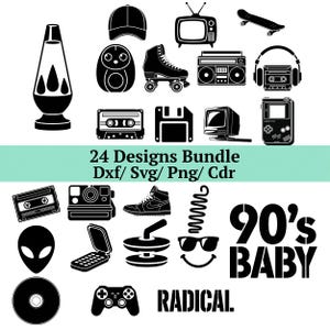 Könnte beinhalten: Eine Sammlung von schwarz-weißen Vektorgrafiken zum Thema 90er Jahre, darunter eine Lavalampe, Rollschuhe, eine Kassette, eine Boombox und ein Videospiel-Controller. Der Text "90's BABY" und "RADICAL" ist ebenfalls enthalten.