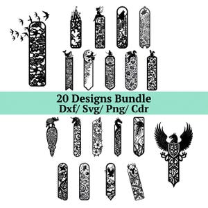 Puede incluir: Una colección de veinte diseños de marcapáginas en blanco y negro. Los marcapáginas presentan varios temas, incluyendo pájaros, castillos, hadas, lobos y patrones florales. Se muestra el texto "20 Designs Bundle Dxf/ Svg/ Png/ Cdr".