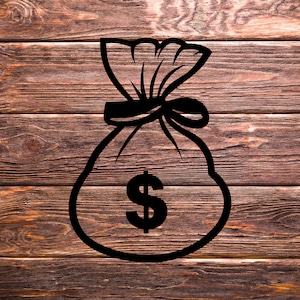 May include: A black and white illustration of a money bag with a dollar sign on a brown wooden background.