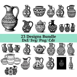 以下が含まれることがあります： ピッチャー、花瓶、ティーポットなど、23種類の異なる陶器のデザインの白黒イラスト。デザインには、幾何学模様、木、動物モチーフなど、さまざまなパターンが使用されています。「23 Designs Bundle Dxf/ Svg/ Png/ Cdr」と書かれたテキスト。