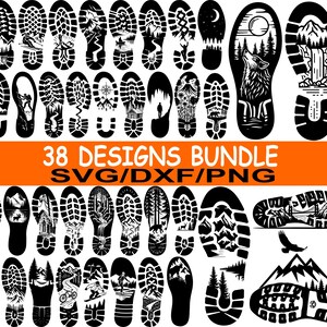 May include: A collection of 38 black and white shoe print designs, each featuring a unique outdoor scene. Designs include mountains, forests, animals, and other nature-themed illustrations. The text "38 DESIGNS BUNDLE SVG/DXF/PNG" is displayed in orange.