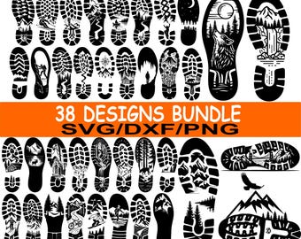 Hiking Boot Print SVG Bundle 38 Designs, Footprint Svg, Mountain Adventure Svg, Outdoor Nature Svg, Camping Svg, Cricut Cut Files Dxf Png