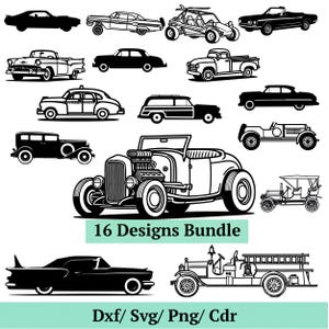 Könnte beinhalten: Eine Sammlung von 16 Autodesigns in Schwarz und Weiß, darunter Oldtimer, ein Taxi, ein Pick-up und ein Hot Rod. Der Text "16 Designs Bundle" und Dateitypoptionen sind ebenfalls enthalten.