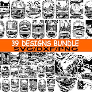 Pode incluir: Uma coleção de 39 designs de carros em preto e branco em vários estilos, incluindo carros clássicos, paisagens e temas de corrida. Os designs estão disponíveis nos formatos SVG, DXF e PNG. O texto "39 DESIGNS BUNDLE SVG/DXF/PNG" é exibido em laranja.
