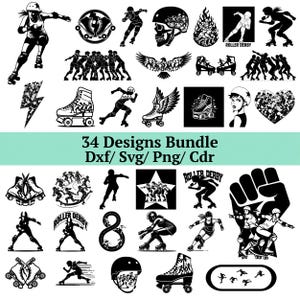 Può includere: Una collezione di 34 disegni di roller derby in bianco e nero. I disegni includono illustrazioni di pattini a rotelle, pattinatori in azione ed elementi grafici come un teschio, ali e un cuore. Il testo include "ROLLER DERBY" e "34 Designs Bundle".