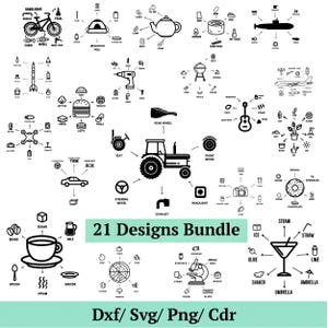 May include: A collection of black and white line drawings depicting diverse objects such as a bicycle, a tractor, a camera, a guitar, a donut, and a cocktail. The text "21 Designs Bundle" is included.