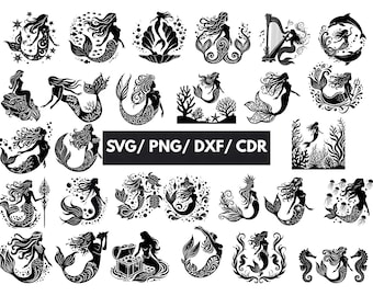 Pakiet SVG Syrenki, Clipart Syrenki, Sylwetka Syrenki, Plik do Cięcia Syrenki dla Circut, Wektor Syrenki, Księżniczka SVG