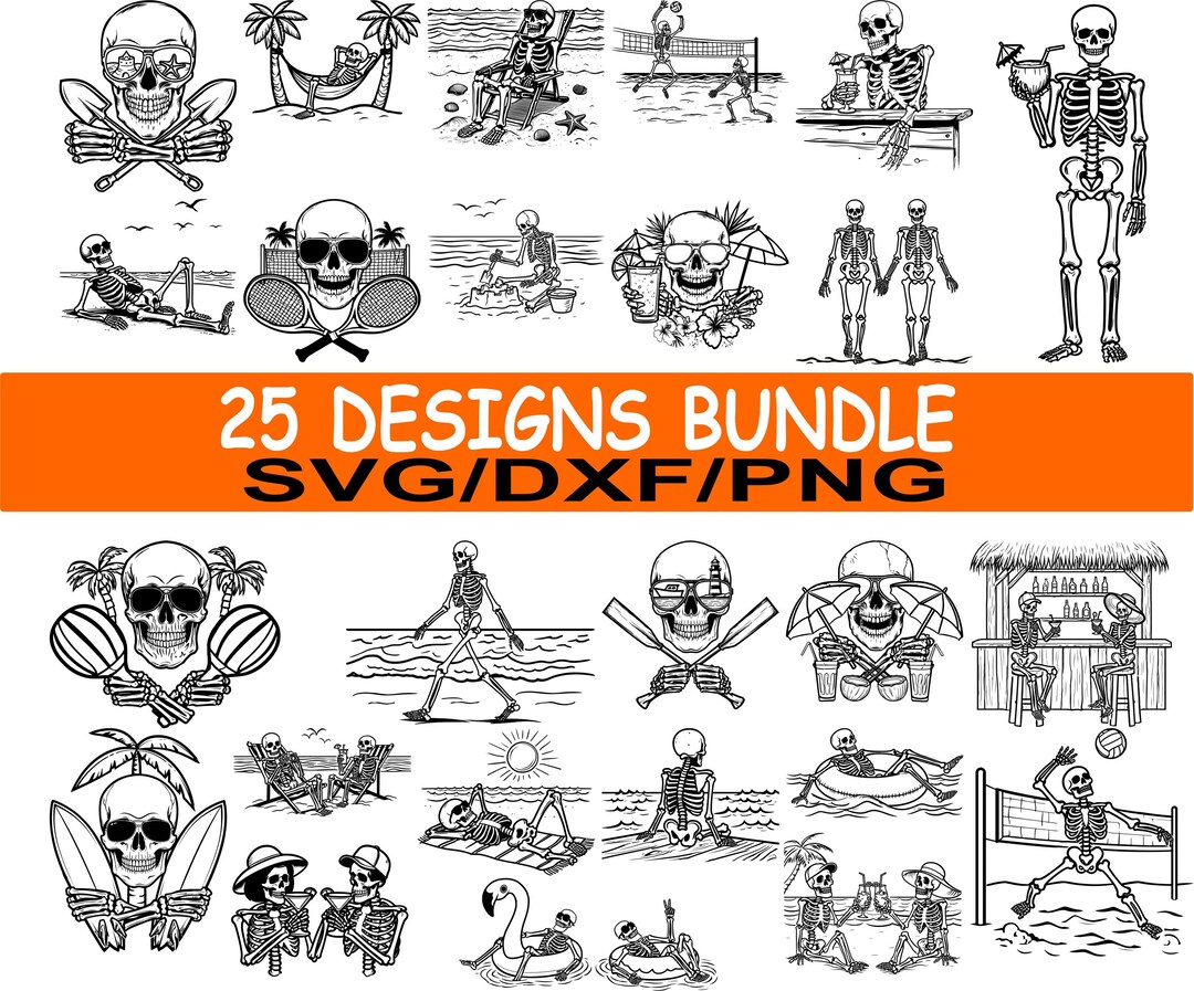 Beach Skeleton Svg Dxf Png Bundle, Funny Summer Skull Vacation Clipart ...