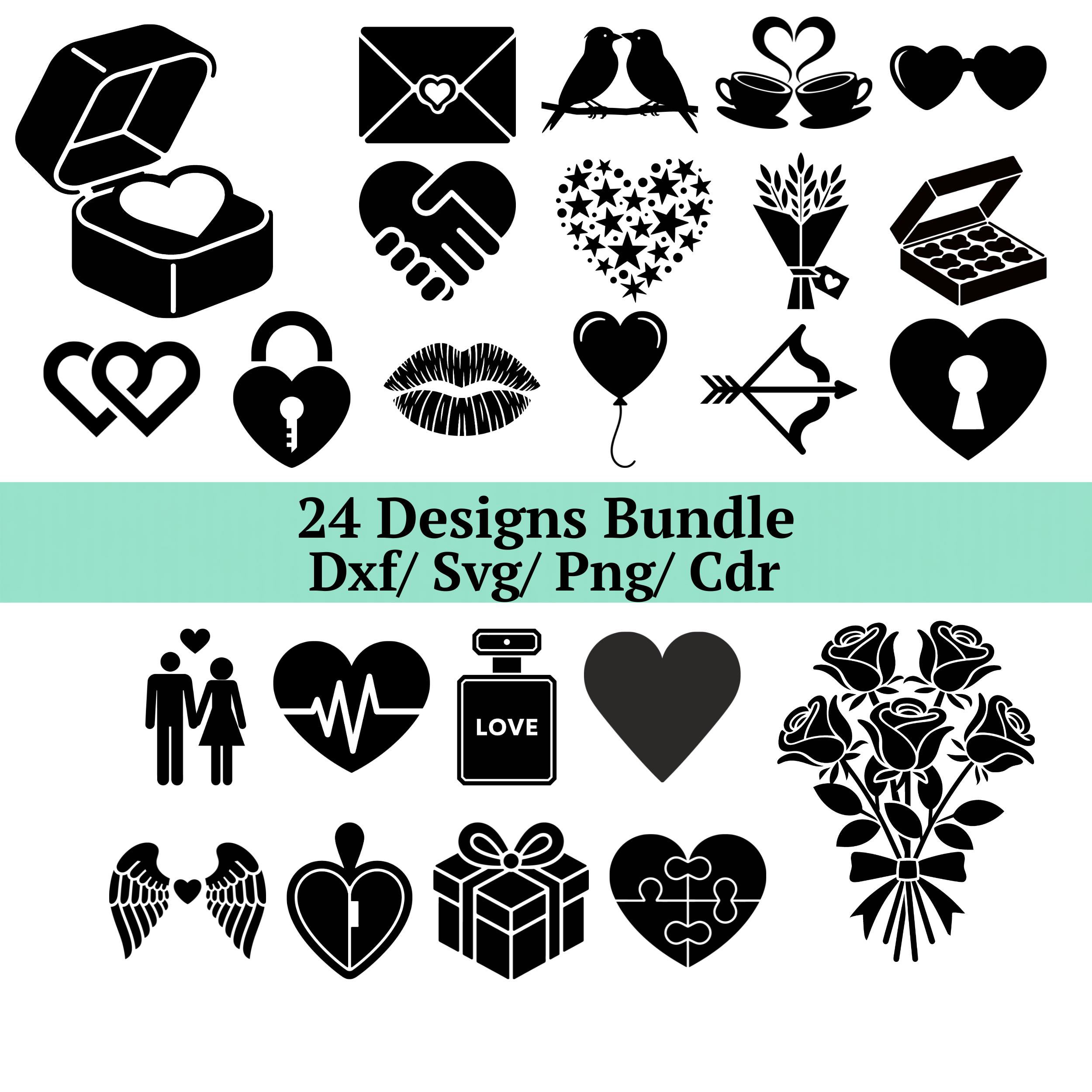 Romantic Vector Dxf Love and Wedding SVG DXF Bundle, 24 Romantic Hearts Designs, Valentine ...