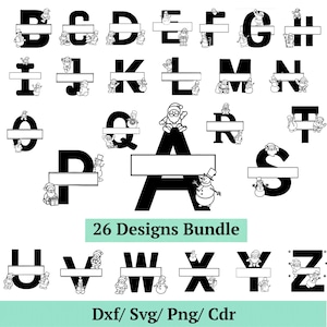 May include: A 26-design bundle featuring the alphabet in black letters, each split horizontally for personalization. The letters are decorated with black and white illustrations of Santa Claus and snowmen. Text reads 26 Designs Bundle Dxf/ Svg/ Png/ Cdr.