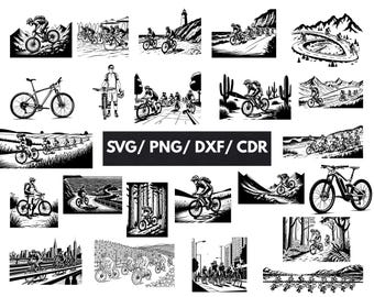 Paquete SVG de bicicleta de montaña (23 diseños), colección de imágenes prediseñadas de bicicletas, silueta de ciclista de descenso, archivo DXF de bicicleta