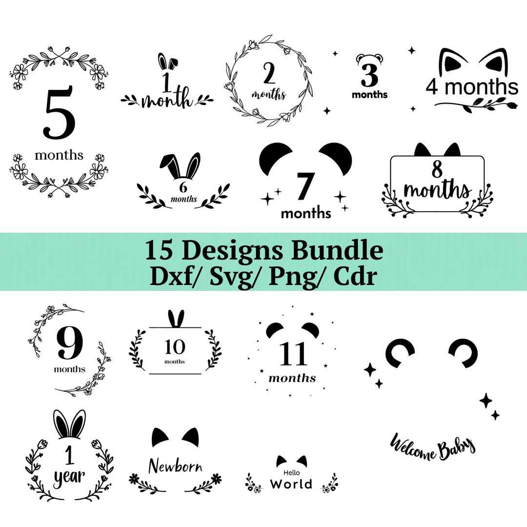 Baby Milestone SVG Bundle, 15 Monthly Photo Cards, Newborn to 1 Year ...