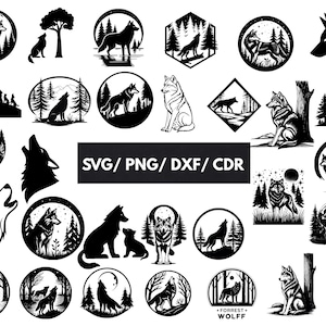 Può includere: Una collezione di illustrazioni di lupi in bianco e nero in vari design circolari e geometrici. Le immagini includono lupi che ululano alla luna, sagome nelle foreste e disegni dettagliati. Il testo "SVG / PNG / DXF / CDR" è presente.