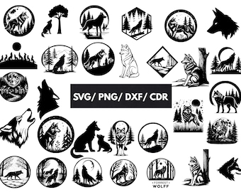 Set of 30 wolves SVG / Howling wolf in Dxf format / Wolf and moon in PNG format / Forest animals silhouette in CDR format / Instant download