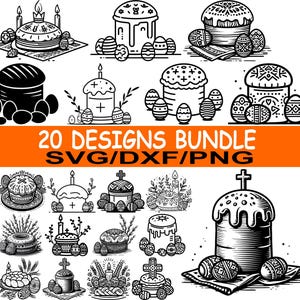 Easter Pascha Svg Dxf Png Bundle, Orthodox Kulich Cakes And Pysanky Eggs, Christian Resurrection Clipart Set For Holiday Cards And Church