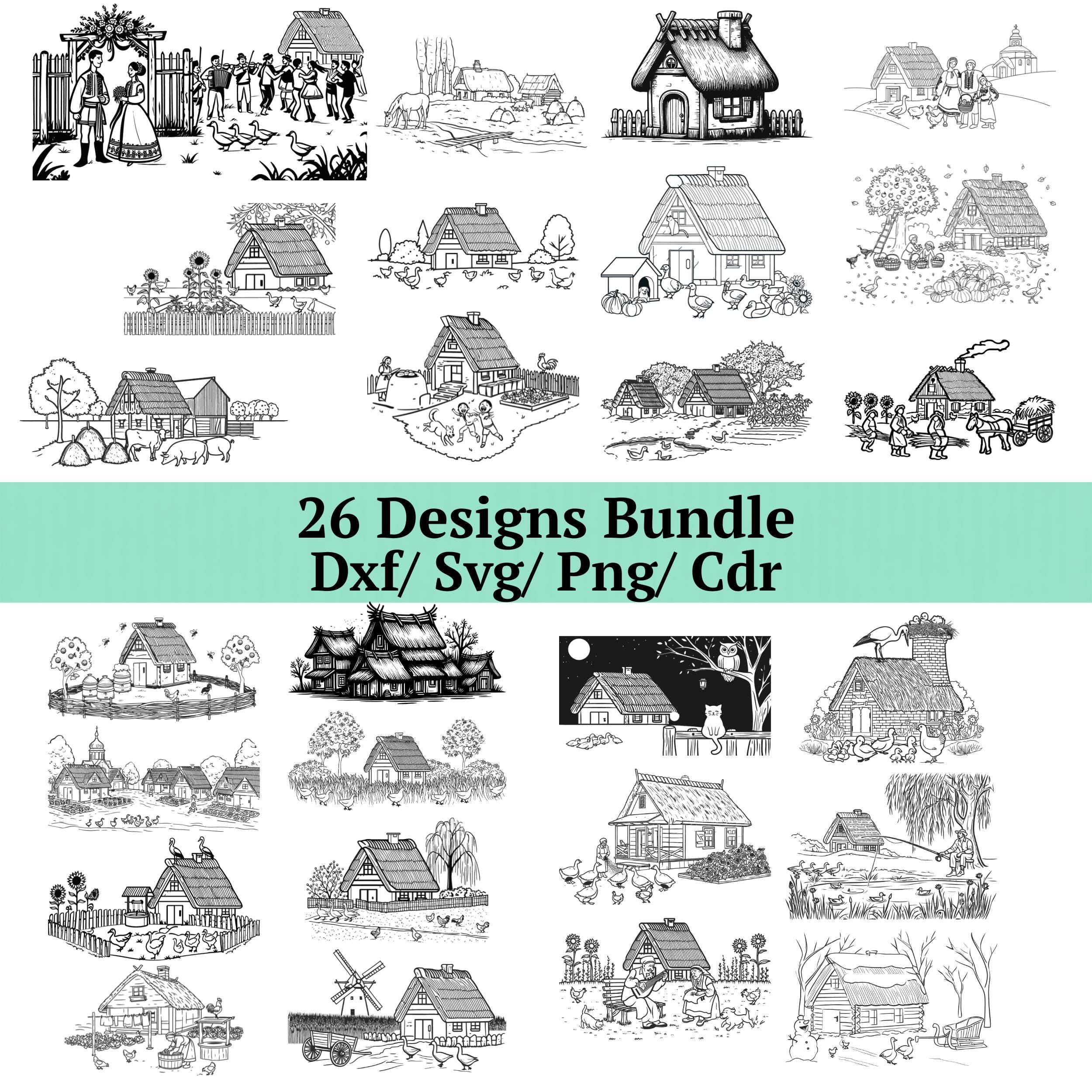Svg Rural Area Village Life SVG Bundle, 26 Ukrainian Farmhouse Designs, Traditional ...