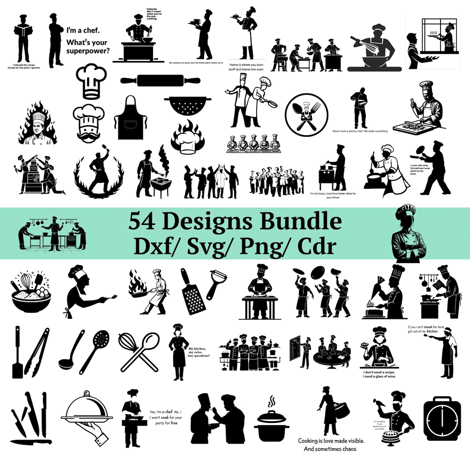 Chef Svg Bundle, Cooking Clipart, Kitchen Utensils Silhouette ...