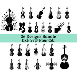 May include: A collection of 26 black violin designs in various styles. The image includes violins with tree branch, cityscape, and abstract designs. Text on the image reads "26 Designs Bundle Dxf/ Svg/ Png/ Cdr".