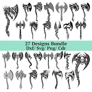 Könnte beinhalten: Eine Sammlung von 27 schwarzen Axt-Designs mit verschiedenen Stammes- und Fantasy-Motiven. Die Äxte weisen komplizierte Muster, Drachenköpfe und Schädel-Designs auf. Der Text "27 Designs Bundle Dxf/ Svg/ Png/ Cdr" ist enthalten.