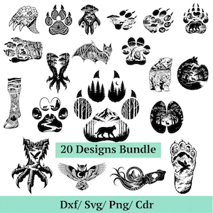 May include: A collection of 20 black and white designs, including animal paw prints, a bat, an owl, and a bear, with nature-themed illustrations. The text "20 Designs Bundle" is displayed below the designs, with file type options below.