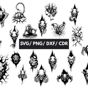 May include: A selection of black and white digital illustrations depicting demonic figures, skulls, and fantasy creatures. The designs include horned demons, skeletal figures, and serpent-like creatures, with the text "SVG / PNG / DXF / CDR".