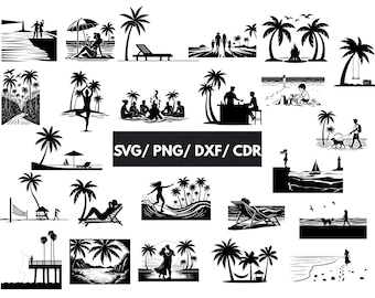 24 Beach Scene SVG Bundle, Beach Svg, Summer Png, Beach Palm Tree Dxf, Beach Scene Clipart, Woman on Beach Cdr, Beach Scene Png