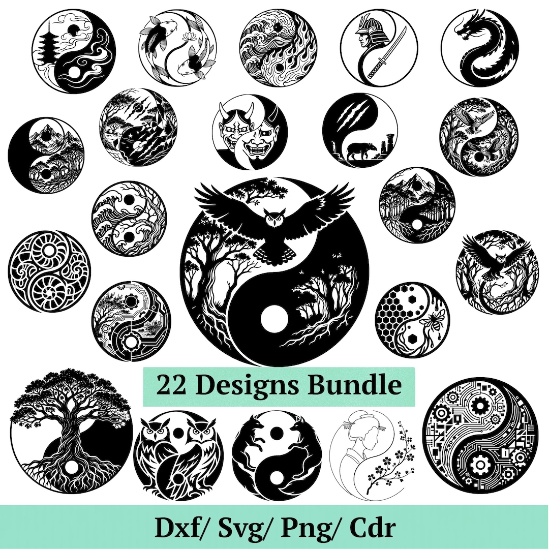 Yin Yang SVG Bundle, 22 Zen Balance Designs, Owl Wolf Dragon Yin