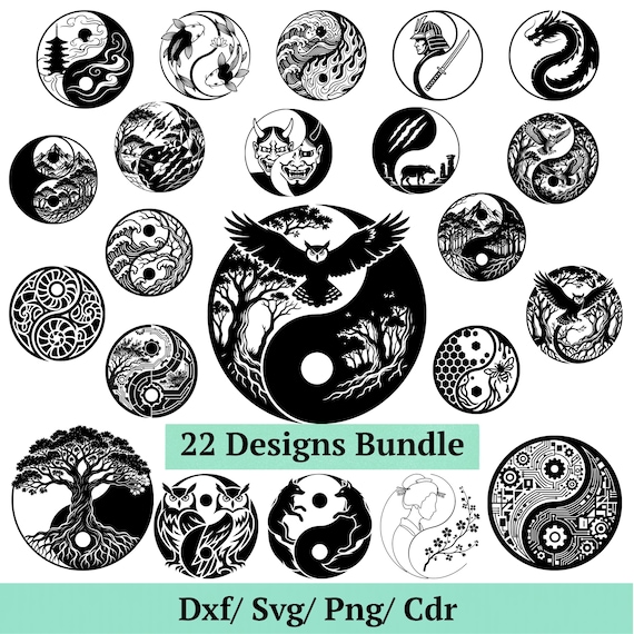 Yin Yang SVG Bundle, 22 Zen Balance Designs, Owl Wolf Dragon Yin