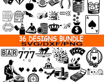 36 Casino Poker Svg Bundle / Gambling Roulette Dice Png / Lucky Chips Cards Dxf / Las Vegas Clipart / För laserskärning / Omedelbar nedladdning