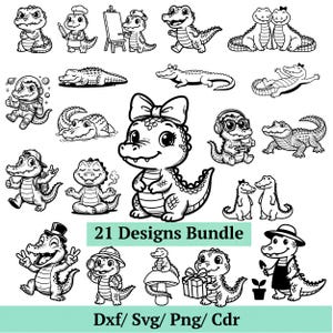 May include: A collection of 21 black and white cartoon alligator designs. The illustrations show alligators in different scenarios, such as cooking, painting, and meditating. The text reads "21 Designs Bundle" and "Dxf/ Svg/ Png/ Cdr".