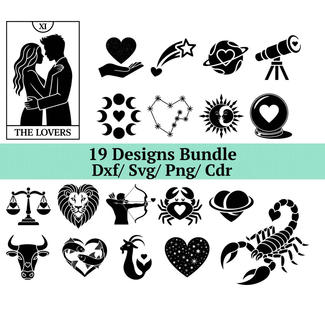 Zodiac Svg Bundle, 19 Astrology Png, Tarot Lovers Dxf, Celestial ...
