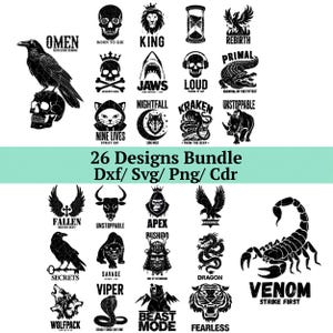 May include: A collection of 26 black and white designs, including skulls, animals, and text. Designs include a raven on a skull, a lion with a crown, and the text "VENOM STRIKE FIRST". The bundle is available in Dxf, Svg, Png, and Cdr formats.