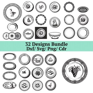 Op de afbeelding: Een verzameling van 32 zwart-wit bordontwerpen, elk met unieke illustraties. Ontwerpen omvatten een gans, haan, vis en fruit. De tekst "32 Designs Bundle Dxf/ Svg/ Png/ Cdr" is ook aanwezig.