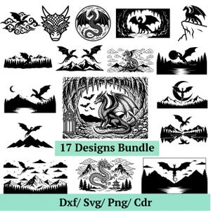 May include: A digital collection of 17 black and white dragon illustrations featuring various scenes with mountains, moons, clouds, and caves. The text 17 Designs Bundle and Dxf/ Svg/ Png/ Cdr is displayed in green bars at the bottom of the image.