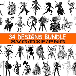 以下が含まれることがあります： 黒と白で描かれた34種類の戦士のデザインのコレクション。武器や鎧を身につけた様々な女性の姿が、ダイナミックなポーズで描かれています。「34 DESIGNS BUNDLE SVG/DXF/PNG」の文字がオレンジ色で表示されています。