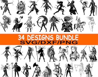 Lot de femmes Valkyrie guerrières, Dxf combattante nordique, jeune fille au bouclier fantastique, pack Svg de silhouettes de déesse forte, téléchargement immédiat