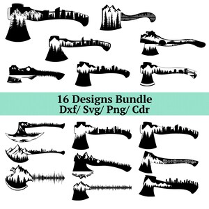 Può includere: Una collezione di sedici disegni di asce nere, ognuno con una silhouette di paesaggio unica all'interno della testa dell'ascia. I disegni includono catene montuose, foreste e paesaggi urbani. Il testo "16 Designs Bundle Dxf/ Svg/ Png/ Cdr" è visualizzato.