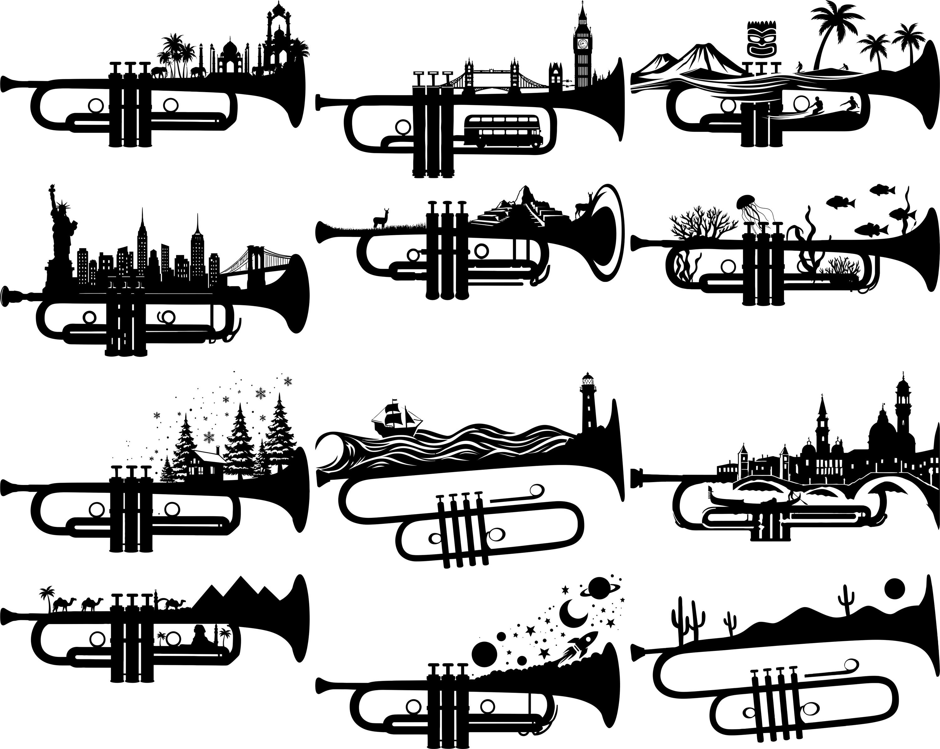 Trumpet SVG Bundle 36 Designs, Music Instrument Svg, Trumpet Cityscape ...