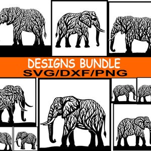 May include: A black and white designs bundle featuring multiple elephant illustrations. The elephants are stylized with a tree branch pattern. The text "DESIGNS BUNDLE SVG/DXF/PNG" is displayed in orange and black.