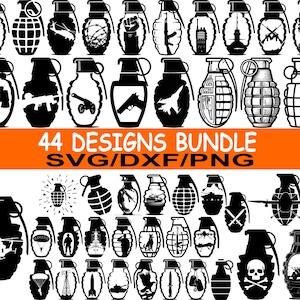 May include: A collection of 44 black grenade designs with various graphic elements, including weapons, silhouettes, and symbols. The designs are presented in a bundle with SVG, DXF, and PNG file formats.