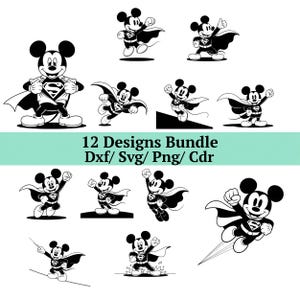 Puede incluir: Ilustraciones en blanco y negro de Mickey Mouse en varias poses de superhéroe, con capa y el logo de Superman. La imagen incluye el texto "12 Designs Bundle Dxf/ Svg/ Png/ Cdr".