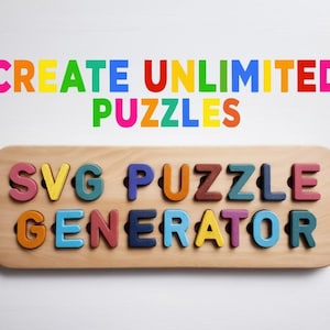 Puede incluir: Rompecabezas de madera con letras coloridas que deletrean "CREATE UNLIMITED PUZZLES" y "SVG PUZZLE GENERATOR". Las letras son de varios colores, incluyendo rosa, naranja, amarillo, verde, azul y marr&oacute;n. El fondo es blanco.