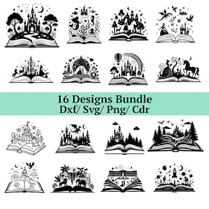 Storybook Magic SVG Bundle, 16 Open Book Fantasy World Silhouette, Fairy Tale Castle Laser Cut Files, Pop-up Book Art DXF, Nursery Decor PNG