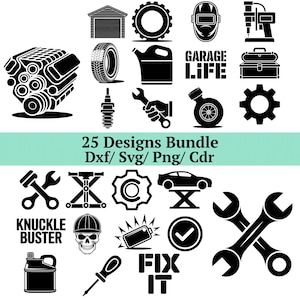 Puede incluir: Un conjunto de 25 diseños automotrices en blanco y negro. Las imágenes incluyen herramientas, piezas de automóviles y frases como "Garage Life", "Knuckle Buster" y "Fix It". El texto "25 Designs Bundle Dxf/Svg/Png/Cdr" también está presente.