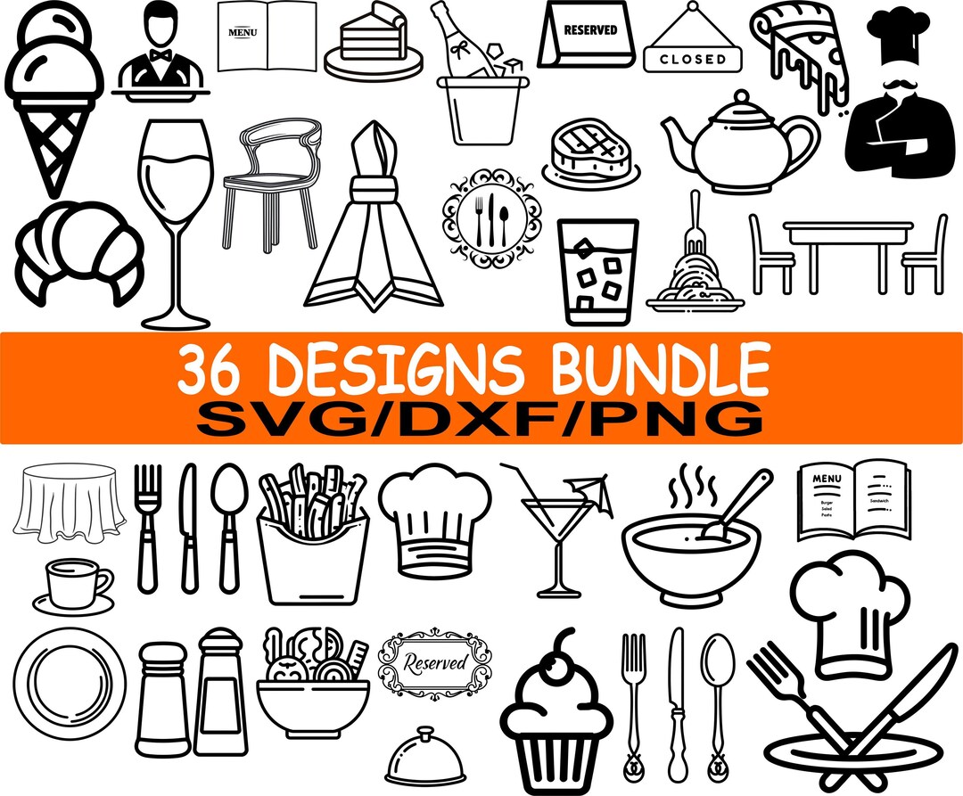36 Restaurant Icons Svg Bundle / Cafe Food Drink Elements Png / Chef ...